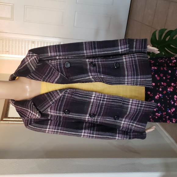 Details international m purple plaid peacoat double breasted pockets heavyweight - Picture 6 of 7
